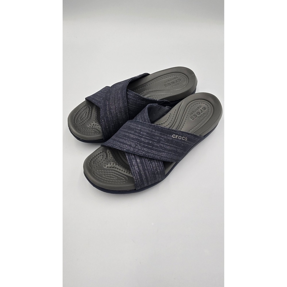 Crocs Womens 7 Swiftwater Cross-Strap Navy Silver Glitter Slides Sandals 204908